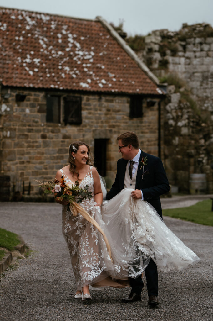 Bride and groom at Danby Castle