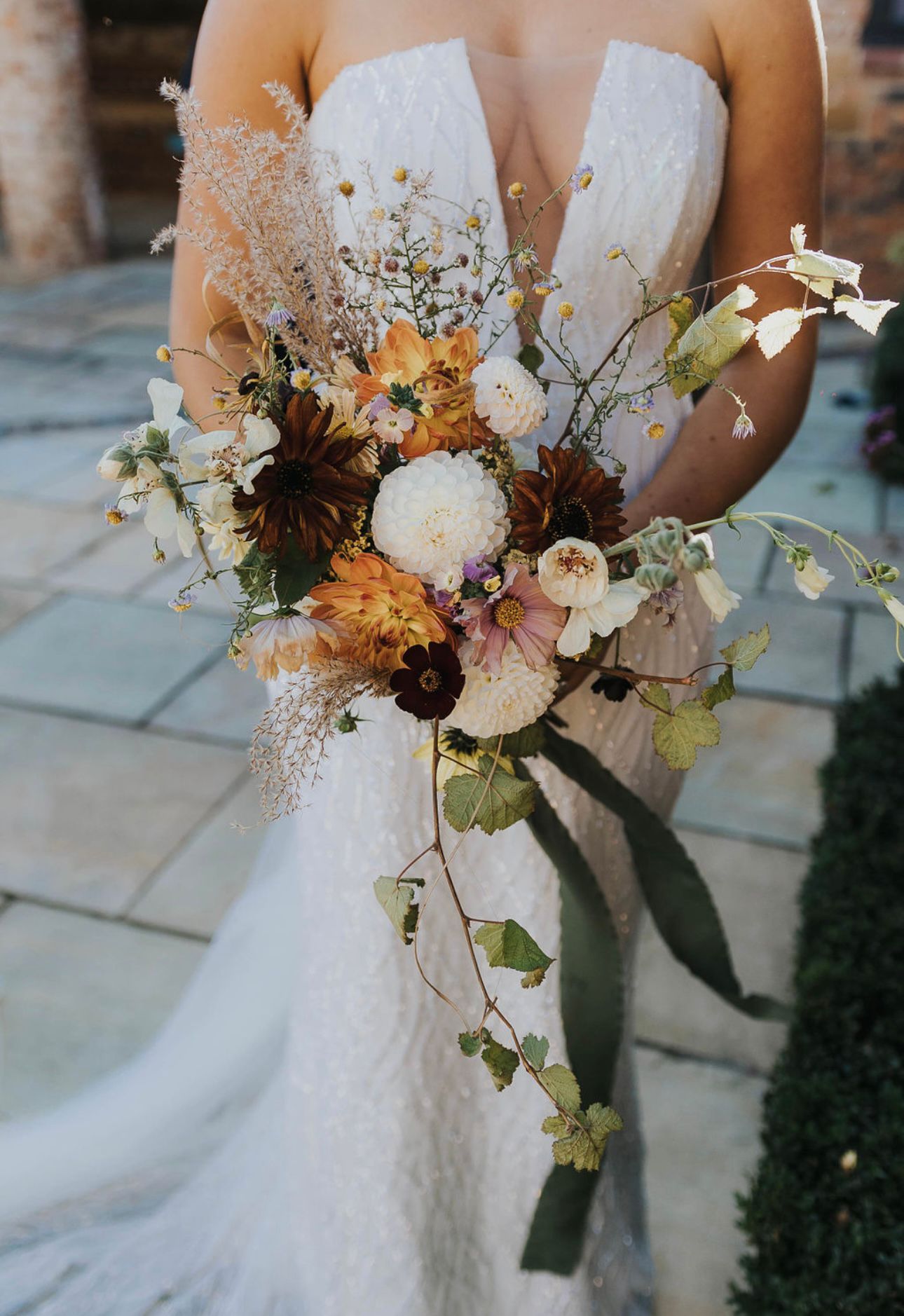 Autumn wedding bouquet with trailing forest green silk ribbon. Moonwind Flowers. Charlotte White Photography.
